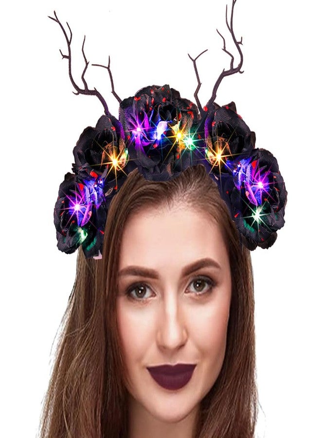 Firuilo Light Up Halloween Headband Rose Flower Crown Headbands Glowing Black Antler Headpieces Halloween Cosplay Hair Accessories for Women - Image 3